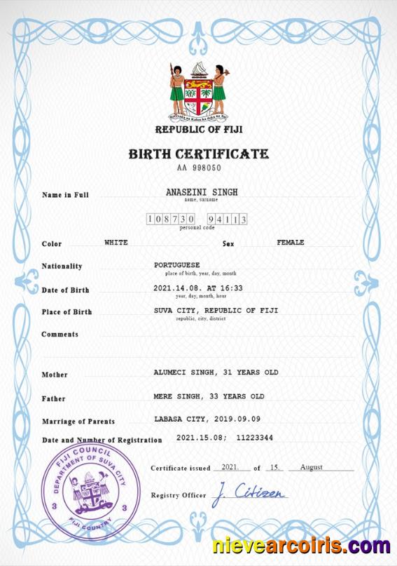 Fiji vital record birth certificate